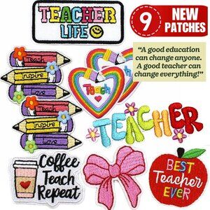 SET OF 9 TEACHER TEACH Theme Iron-On Premium Patches - PERFECT GIFT FOR TEACHERS
